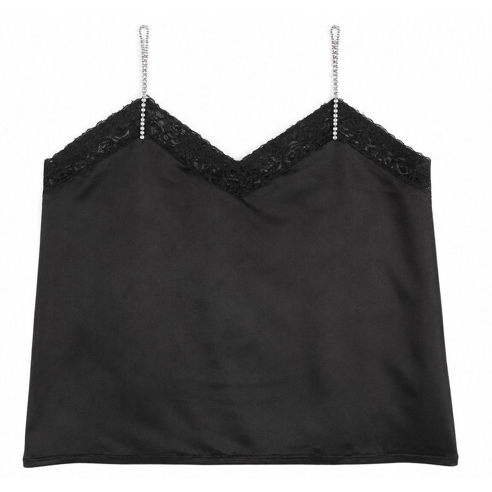 Spring + Mercer Black Satin Lace Trim Cami Rhinestone Strap Tank Top Medium